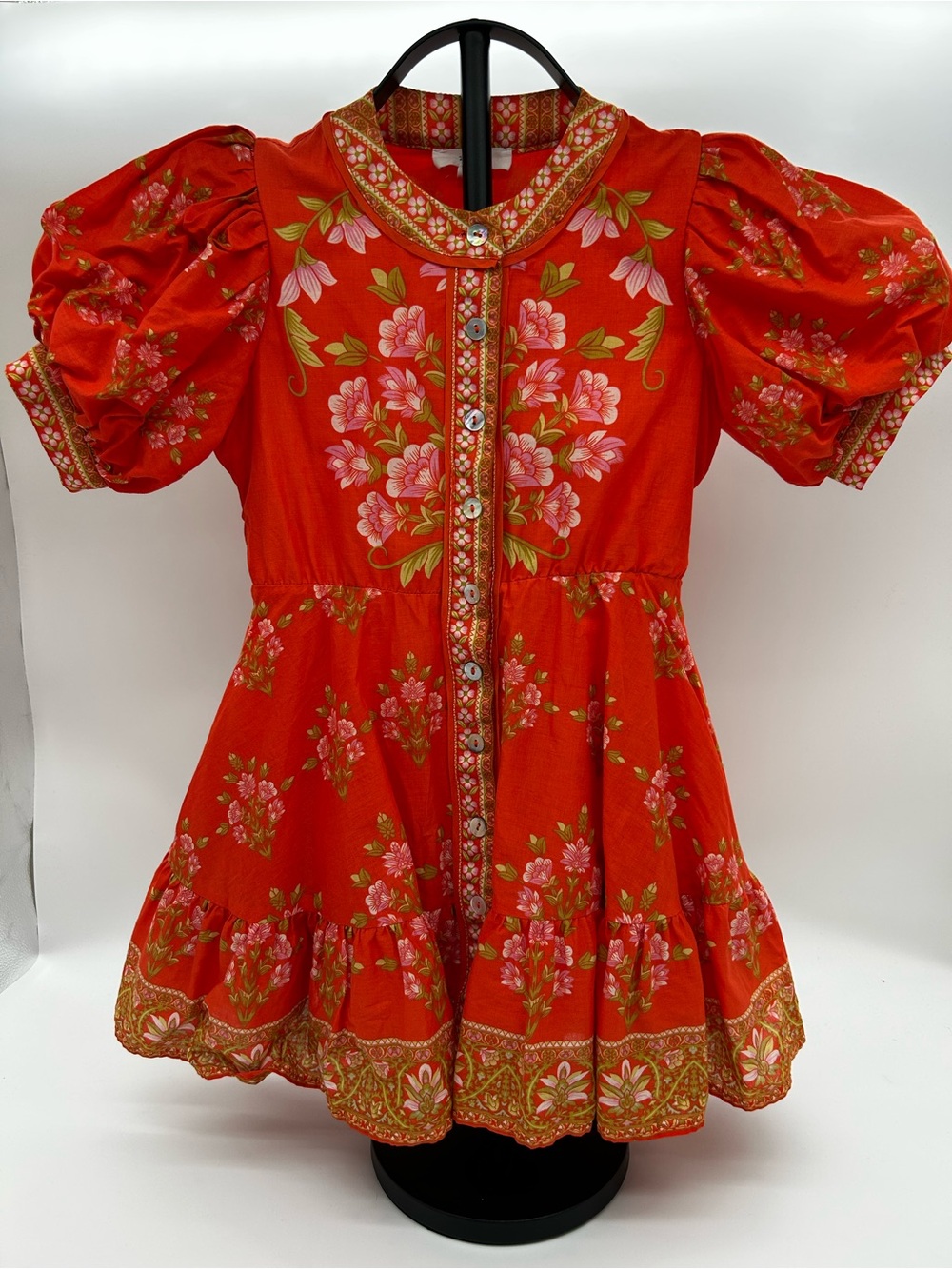 Girls Red Floral Button-Front Puff Sleeve Dress Size 6